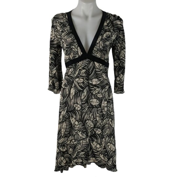 Wish Dresses & Skirts - Wish Dress Size 12 Black Cream Leaf Pattern V-Neck Sheer 3/4 Bell Sleeves Midi